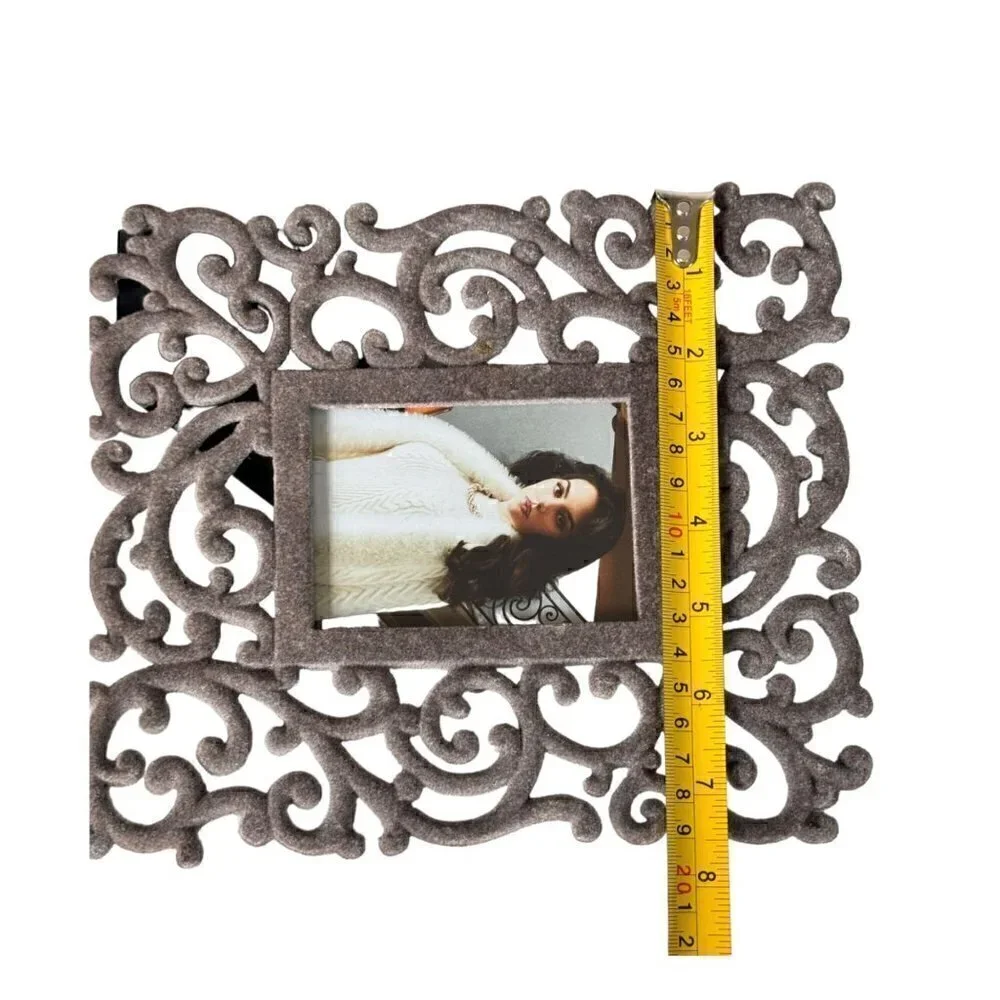 Grey Velvet Scroll Flourish Ornate Decorative Rectangular Picture Photo Frame